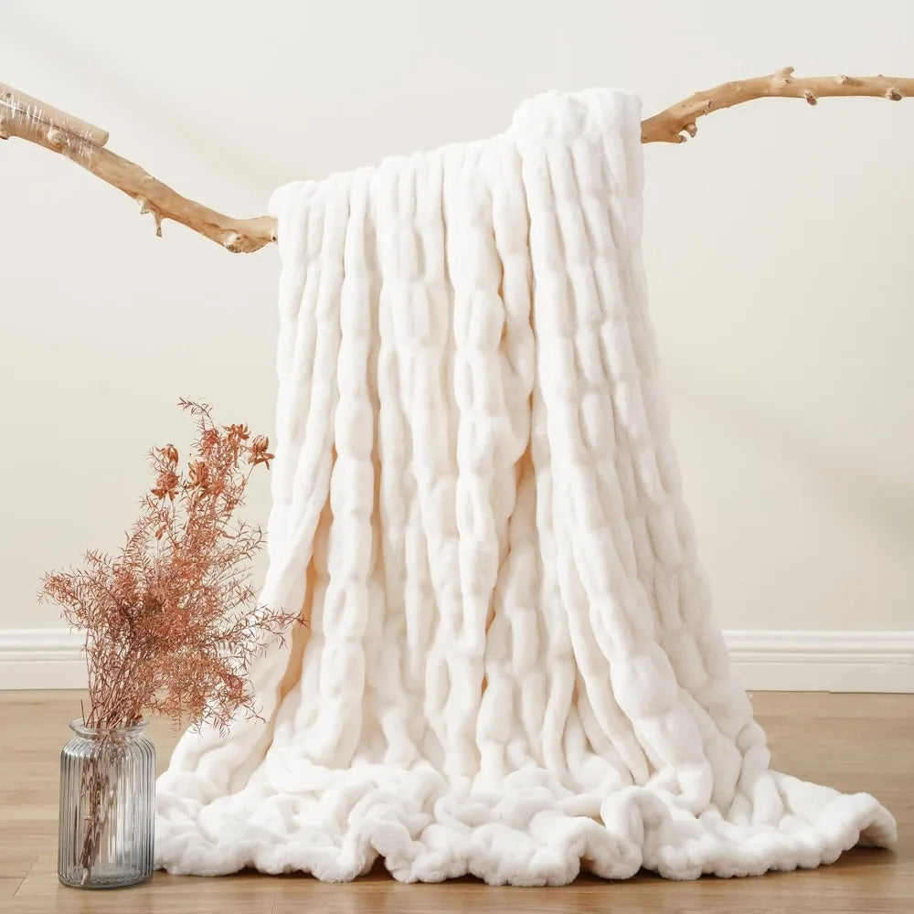 Super Soft Cozy Faux Rabbit Fur Throw Blanket, Double Sided Ruched Design, Ideal for Couch and Bed, 50"x60" Mink-Like Comfort