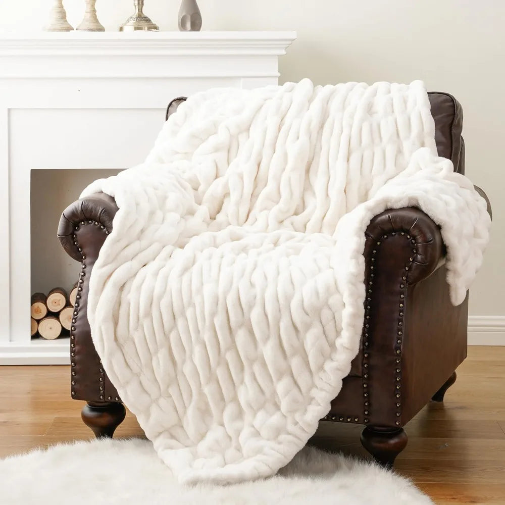 Super Soft Cozy Faux Rabbit Fur Throw Blanket, Double Sided Ruched Design, Ideal for Couch and Bed, 50"x60" Mink-Like Comfort