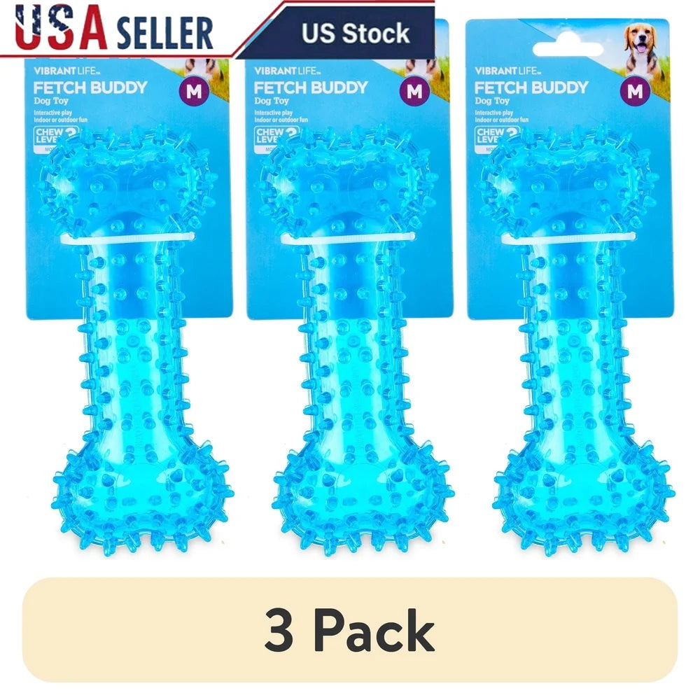 3 Pack Spiky Blue Bone Dog Toy Chew Level 3 Interactive Fetch Play Indoor Outdoor Durable TPR Chewable Moderate Chewers