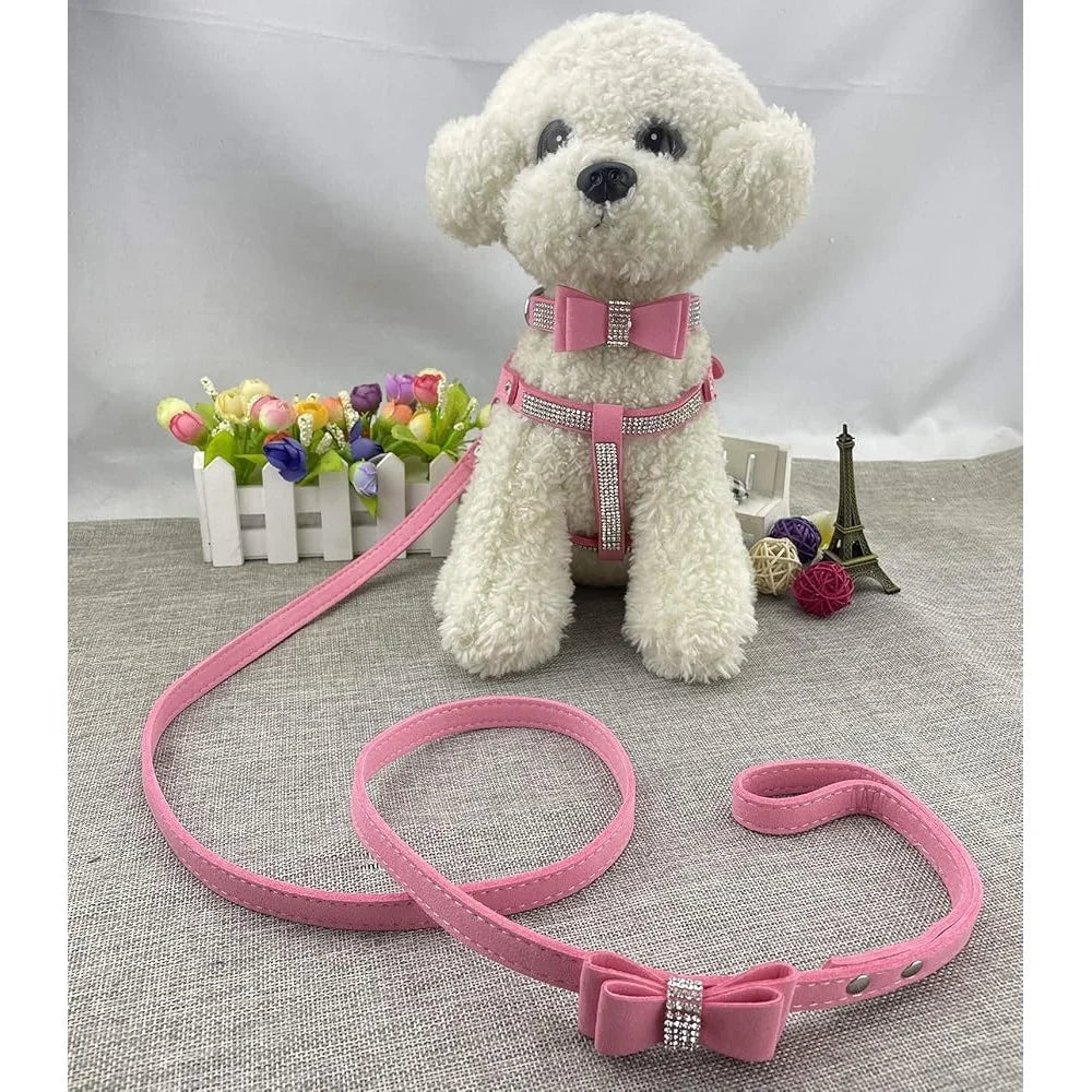 Diamante Bowtie Dog Collar Harness Leash Set Soft Comfortable XS Microfiber Puppy Pet Supplies Gear
