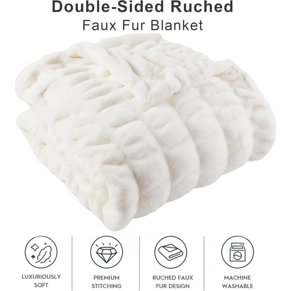 Super Soft Cozy Faux Rabbit Fur Throw Blanket, Double Sided Ruched Design, Ideal for Couch and Bed, 50"x60" Mink-Like Comfort