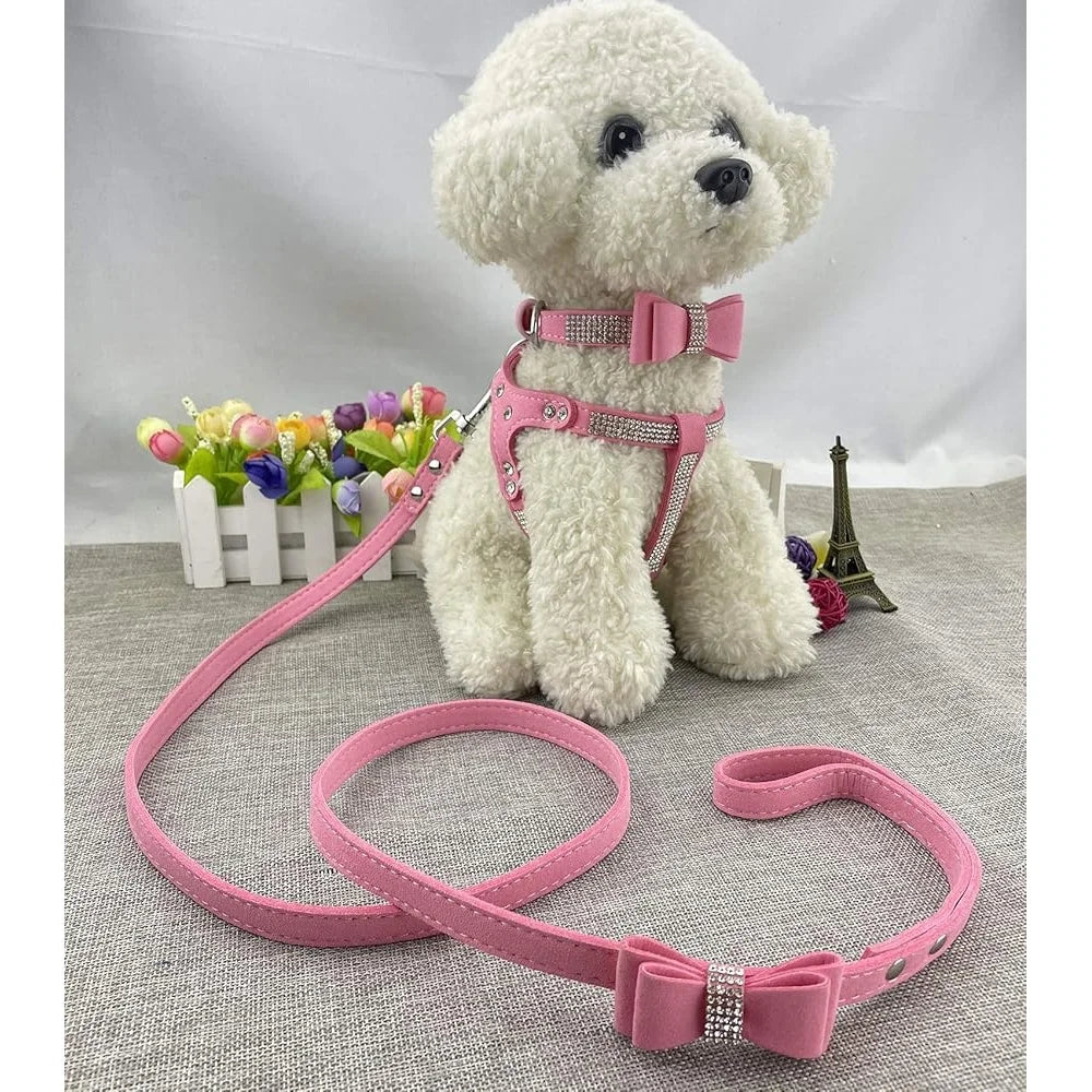 Diamante Bowtie Dog Collar Harness Leash Set Soft Comfortable XS Microfiber Puppy Pet Supplies Gear