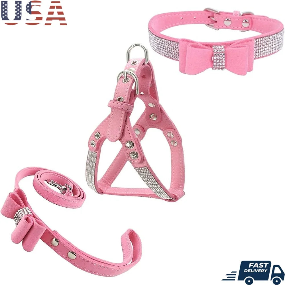 Diamante Bowtie Dog Collar Harness Leash Set Soft Comfortable XS Microfiber Puppy Pet Supplies Gear