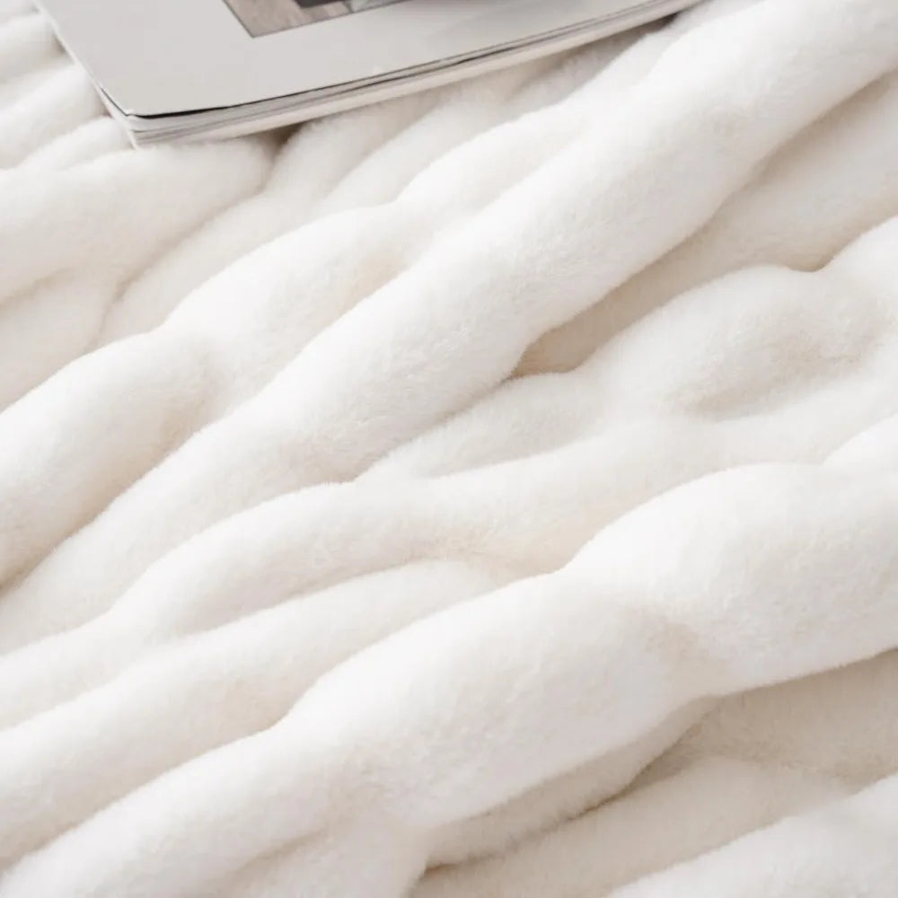 Super Soft Cozy Faux Rabbit Fur Throw Blanket, Double Sided Ruched Design, Ideal for Couch and Bed, 50"x60" Mink-Like Comfort