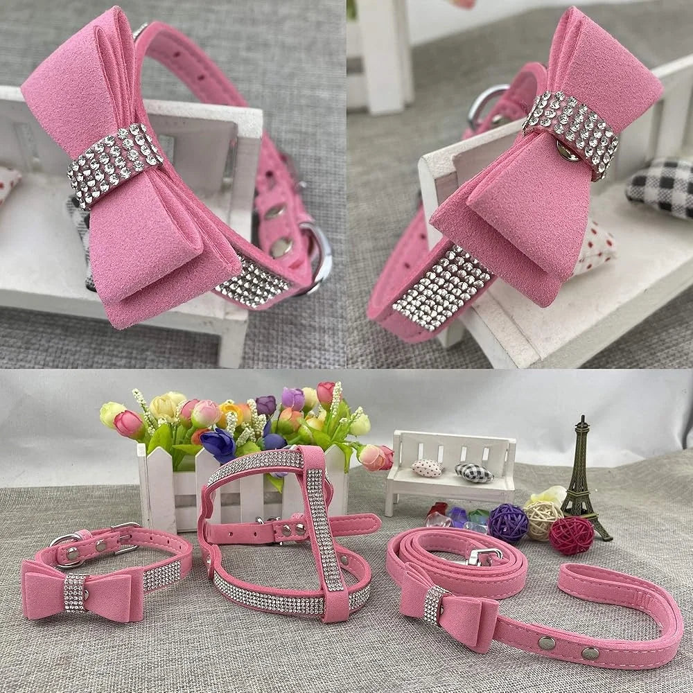 Diamante Bowtie Dog Collar Harness Leash Set Soft Comfortable XS Microfiber Puppy Pet Supplies Gear