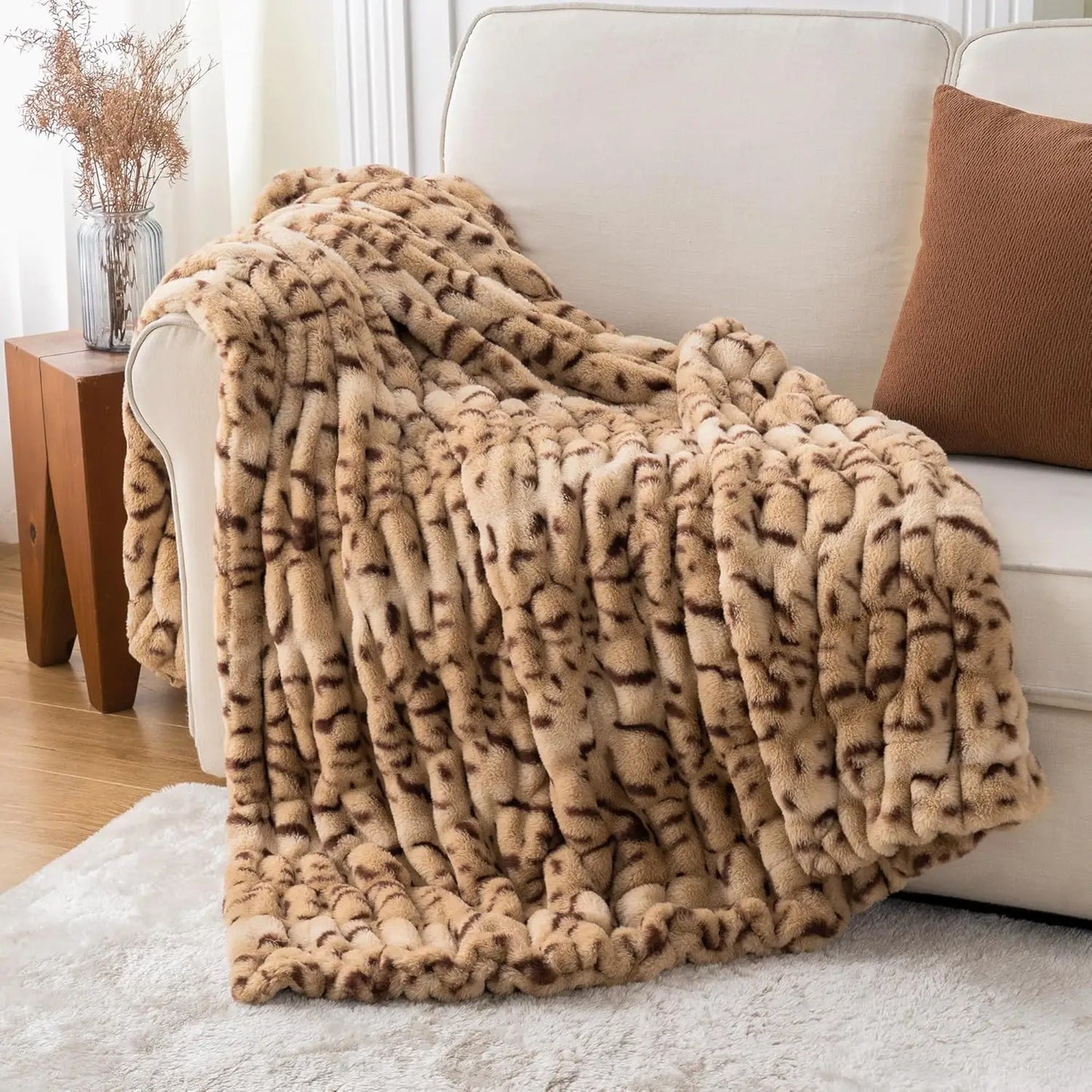 Super Soft Cozy Faux Rabbit Fur Throw Blanket, Double Sided Ruched Design, Ideal for Couch and Bed, 50"x60" Mink-Like Comfort
