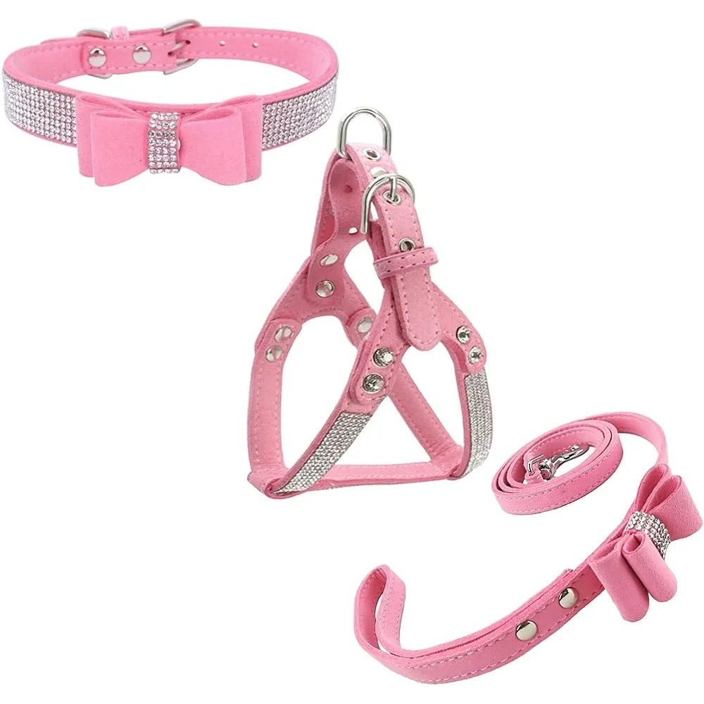 Diamante Bowtie Dog Collar Harness Leash Set Soft Comfortable XS Microfiber Puppy Pet Supplies Gear