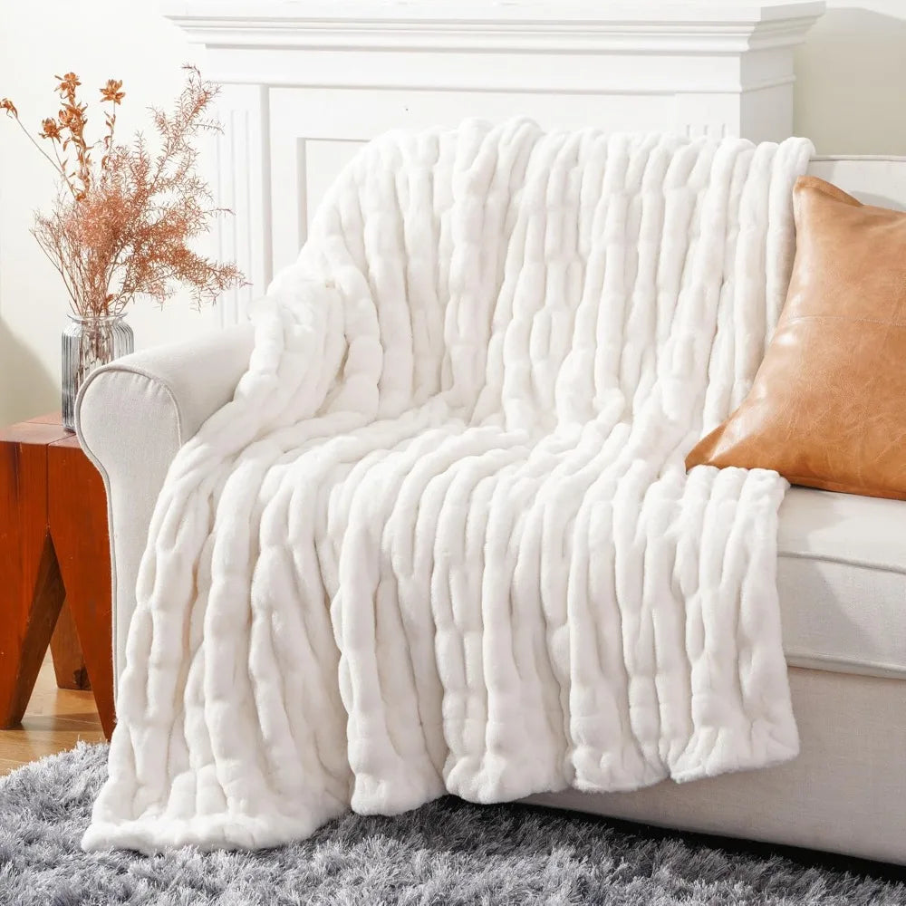 Super Soft Cozy Faux Rabbit Fur Throw Blanket, Double Sided Ruched Design, Ideal for Couch and Bed, 50"x60" Mink-Like Comfort