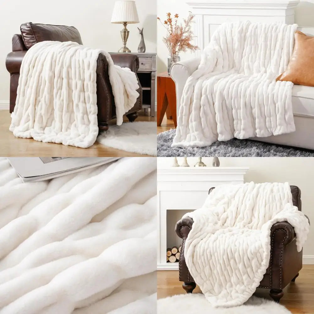 Super Soft Cozy Faux Rabbit Fur Throw Blanket, Double Sided Ruched Design, Ideal for Couch and Bed, 50"x60" Mink-Like Comfort